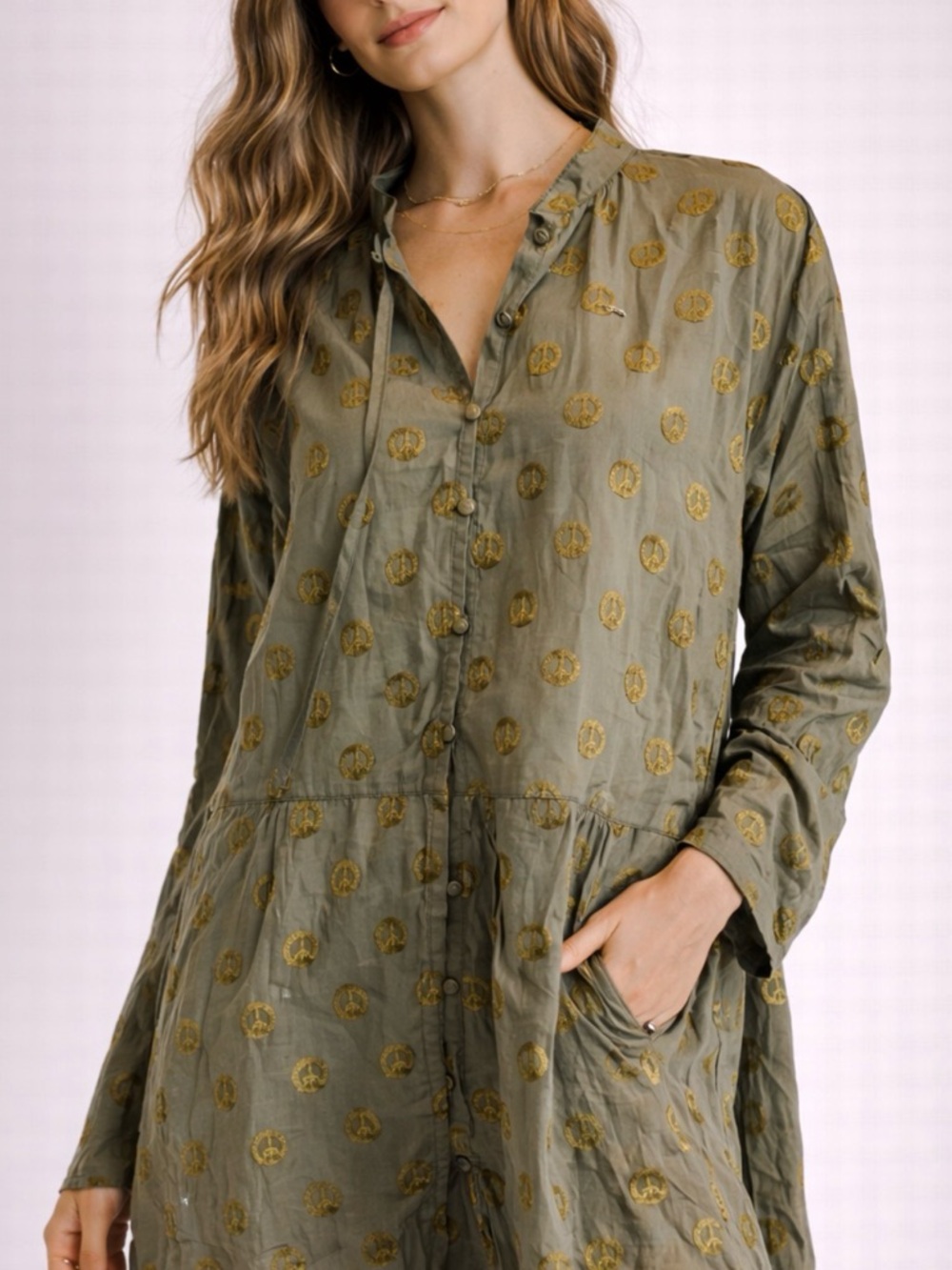 Jaded Gypsy Olive Green Button-Front Tunic Dress with Gold Dot Embroidery